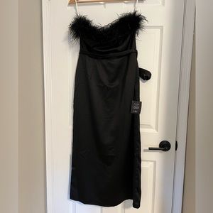 Lulu’s black satin ankle length dress with fur detail